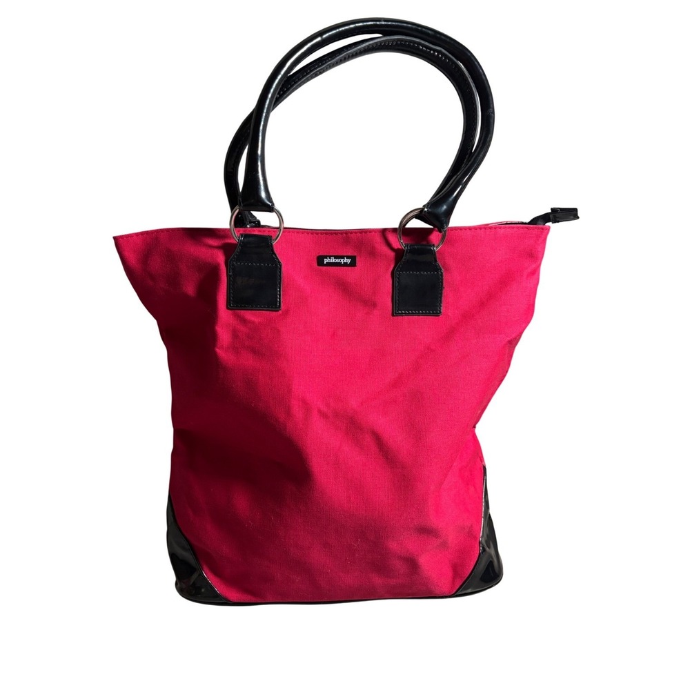 Philosophy Womens Red Canvas Tote Bag Black Patent Trim Shoulder Bag Zip Top